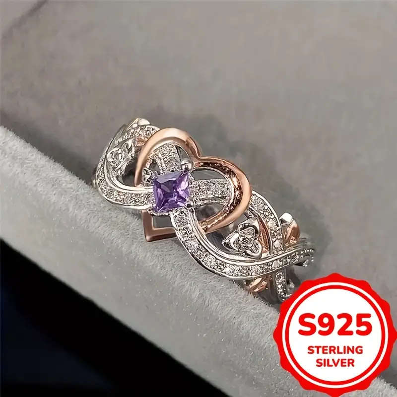 925 Sterling Silvery Infinity Heart Ring with Purple Synthetic