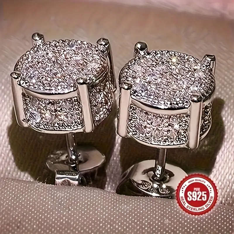 Pair of 925 Sterling Silver Round Synthetic Zirconia Rhinestone Stud Earrings