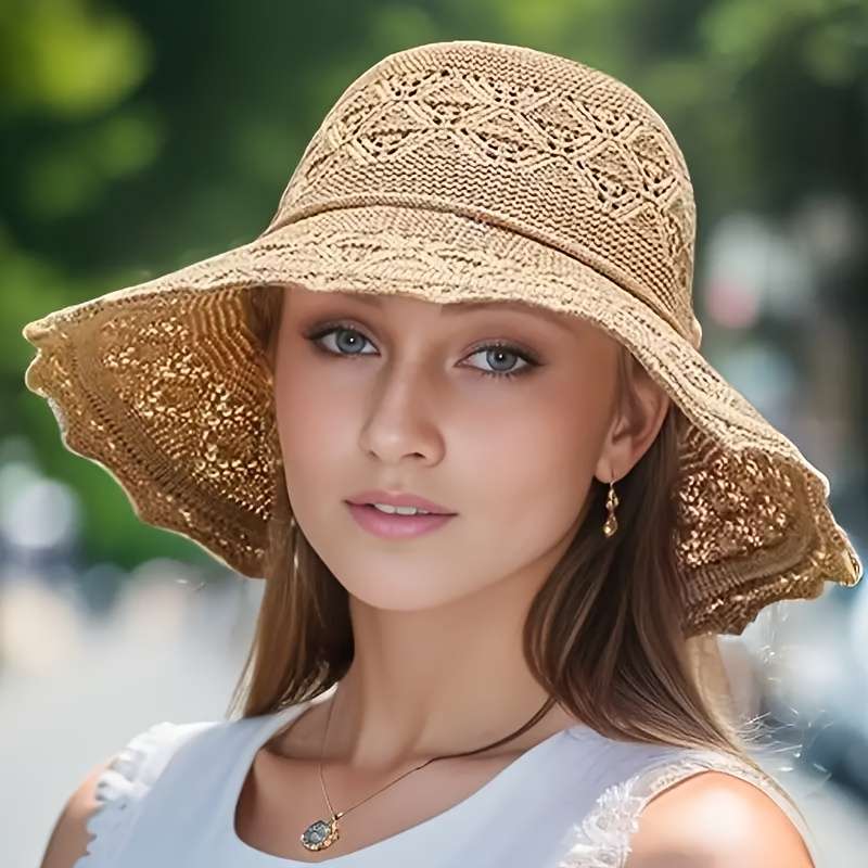 1pc Elegant Women's Sun Hat Breathable Foldable Wide Brim Beach Hat With UPF Protection Hand Wash