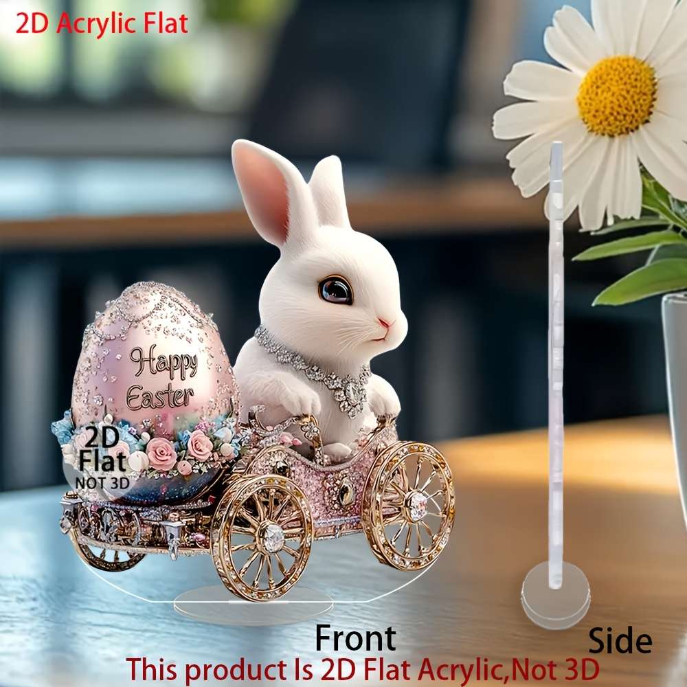 1pc 2D Flat   Easter Bunny Acrylic Ornament  Rabbit Riding Decorative Egg with Floral D