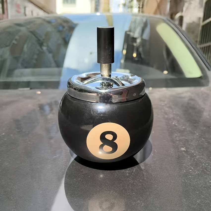 Black No.8 Billiard Ball Cigarette Ashtray C Durable Iron Design Push Button Operation Perfec