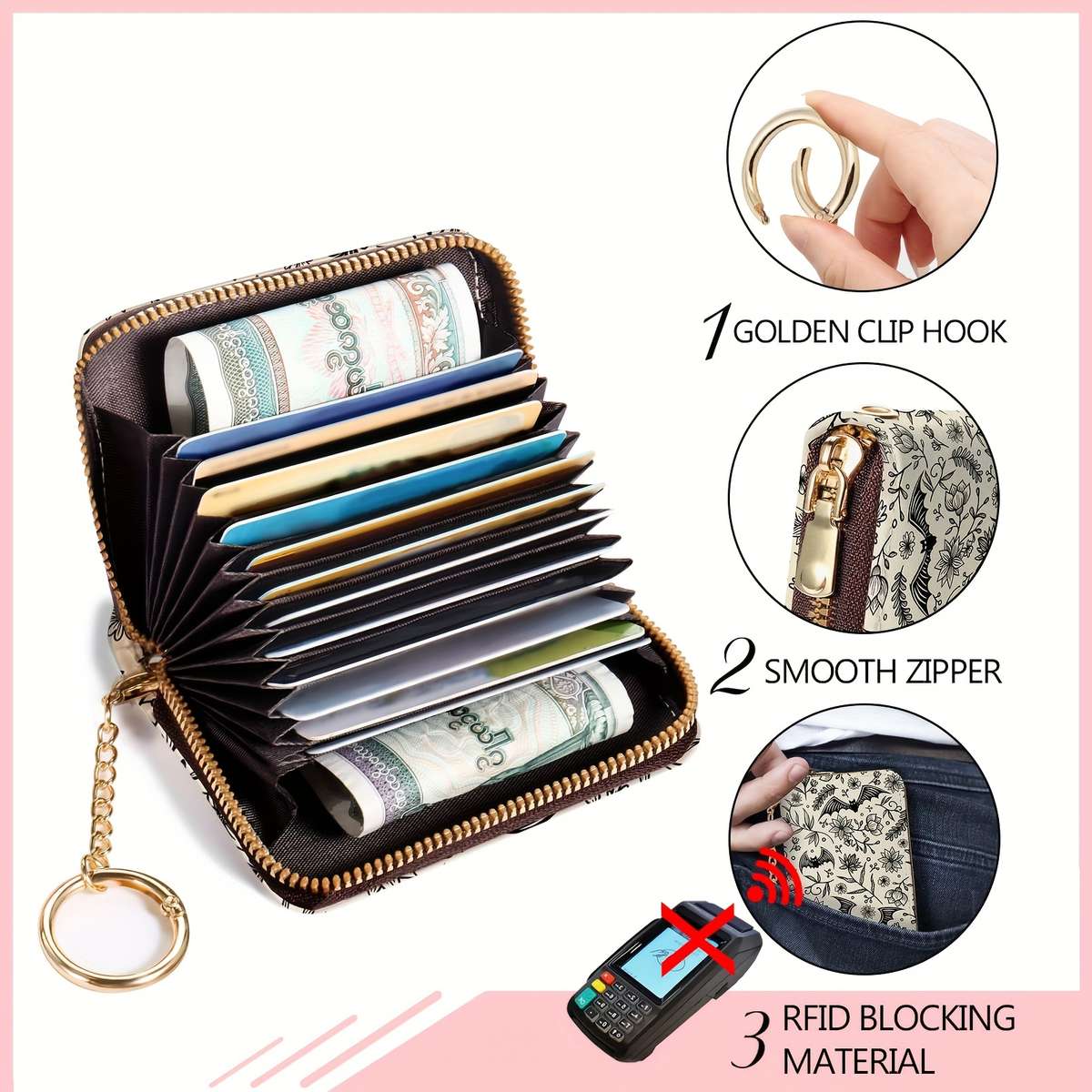 1pc Gothic Bat Zipper Wallet for Women Compact RFID Blocking Card Holder with Keychain Floral
