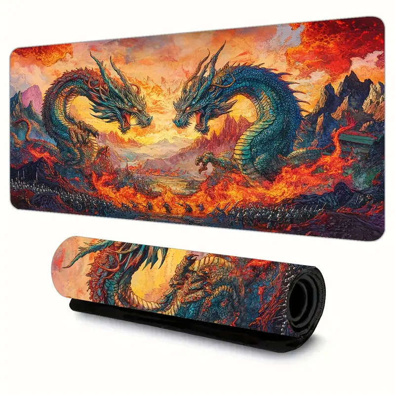 1pc 40x90cm Magical Double Dragon Battle Pattern Rubber Non-Slip Mouse Pad