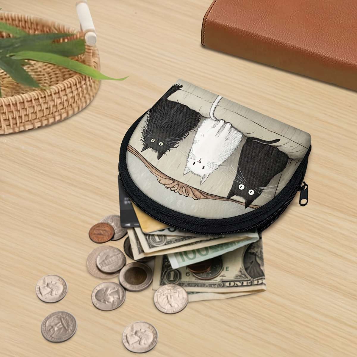 Cute Cat Coin Purse Organizer Three Cats Sitting On Couch Design Compact Wallet