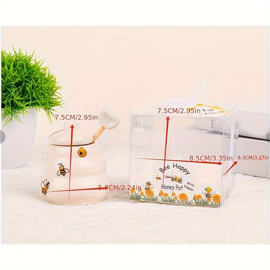 1pc Ceramic Bee Honey Pot with Handle Polished Metal Finish Square Pattern Creative Kitchen Spic