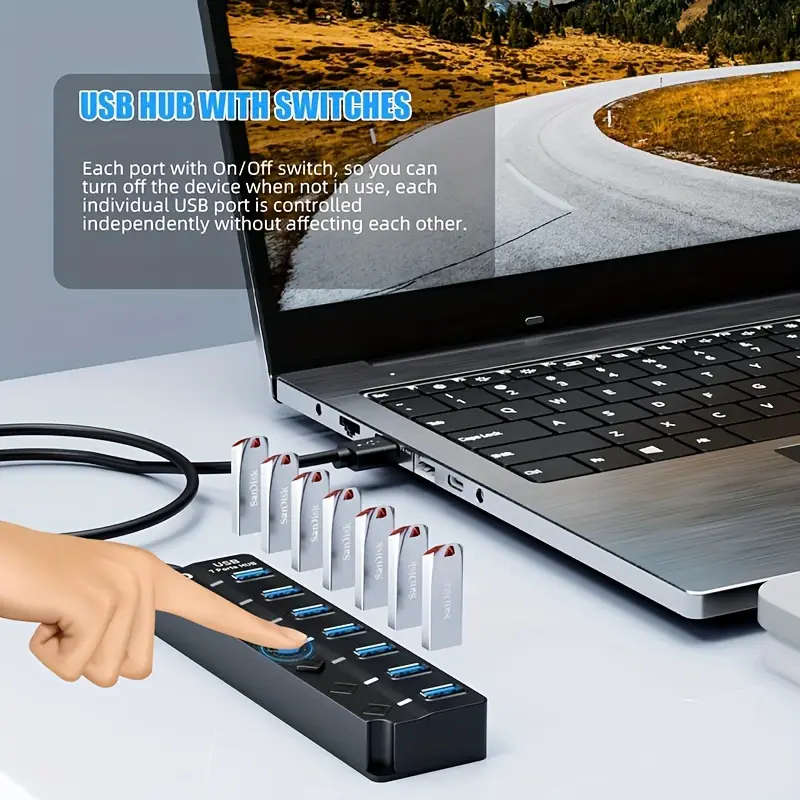 7-Port USB 3.0 Hub with LED Indicator High-Speed Data Splitter for Laptops Desktops Surface Pro PS4/