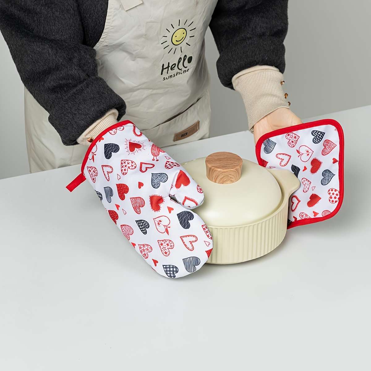 2pcs Valentine'S Day Kitchen Oven Gloves Set Polyester 100% Heat Resistant Baking Mitts Digit