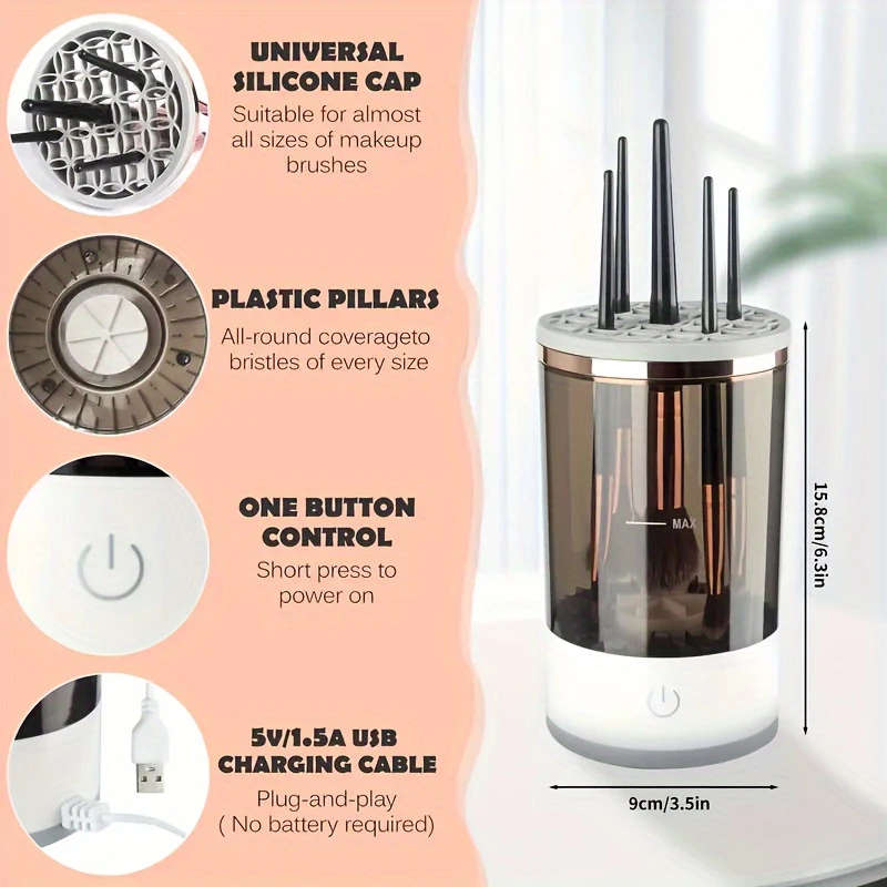 1pc USB-Powered Electric Makeup Brush Cleaner Dryer Automatic Spinning Design with Heating Function