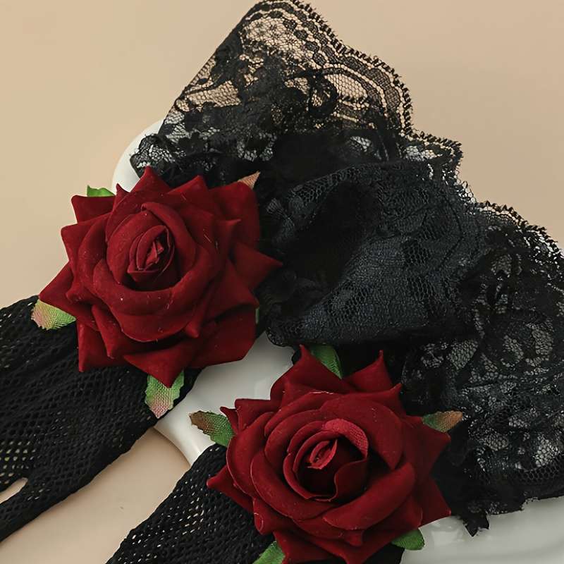 1 Pair Polychrome Floral 3D Rose And Lace Gloves