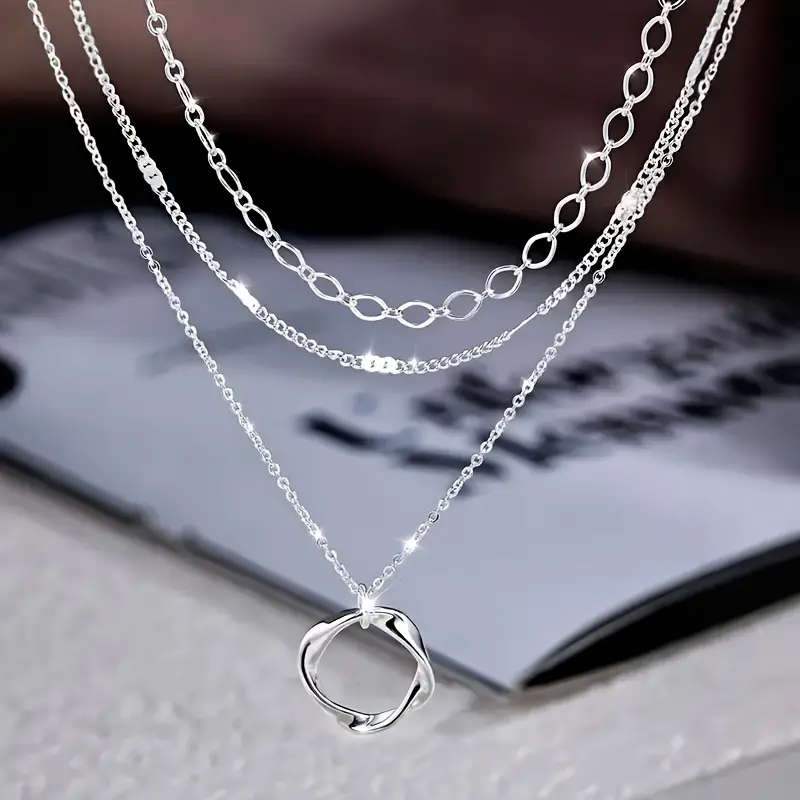 Boho-Chic 925 Sterling Silver Layered Necklace with Round Pendant