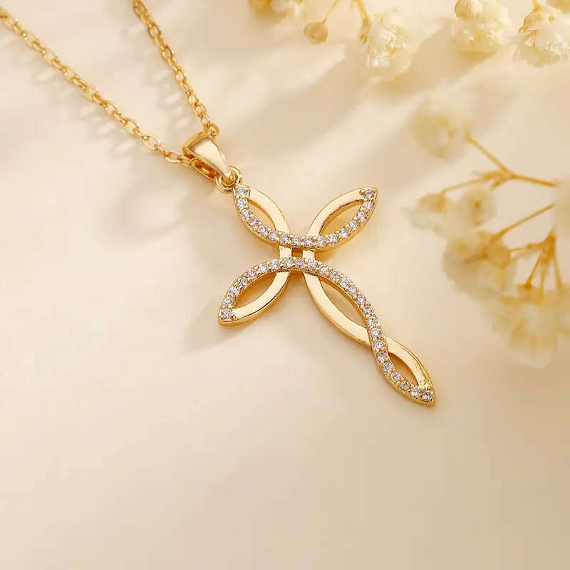 Gem Inlaid Cross Pendant Necklace