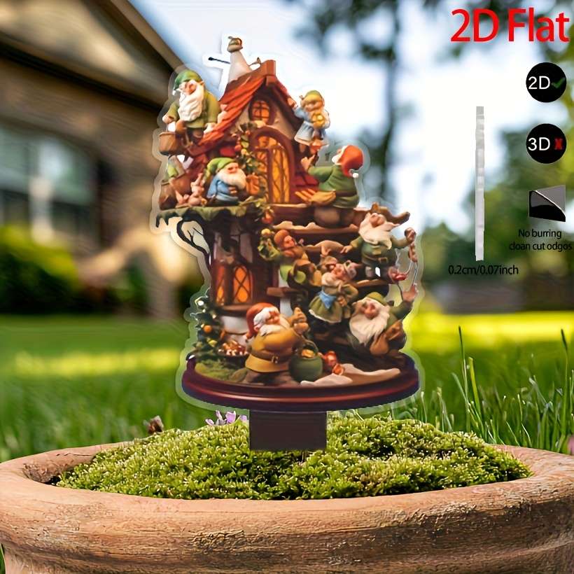 1pc 2D Flat  Pack of 1 Many Gnomes and Houses Art Decor Style Acrylic Garden Stakes Lawn Pot Deco