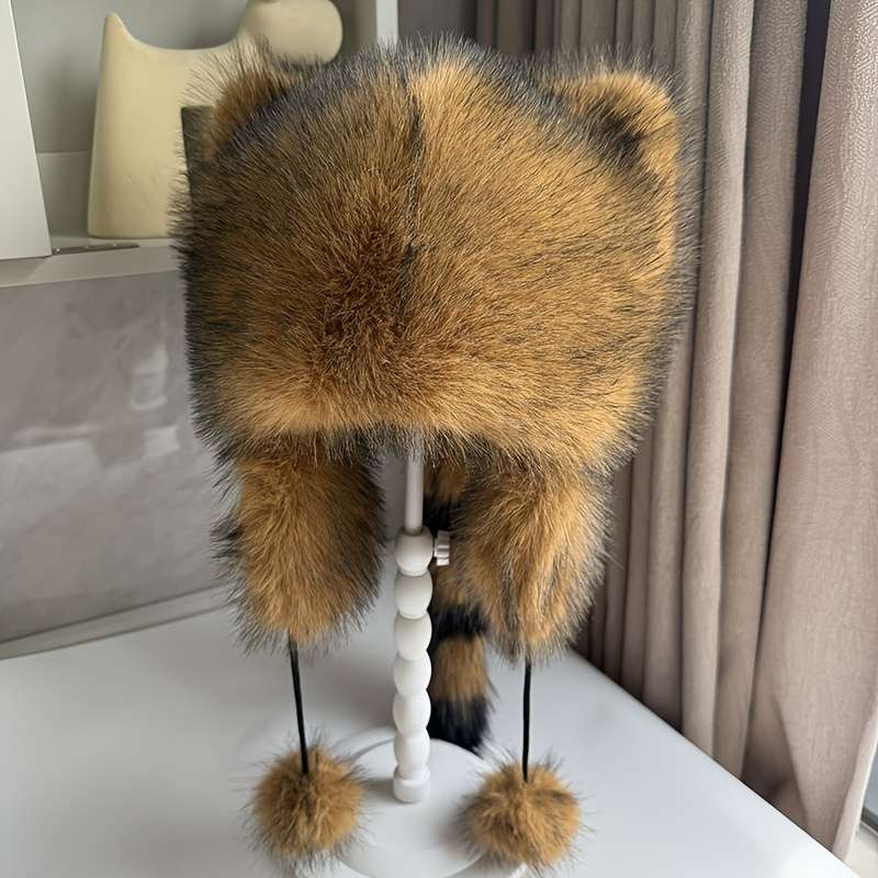 Thick Faux Fur Pilot Hat Warm Coldproof Trapper Hat With Ear Flap Ski Hat Cute With Tail Ha