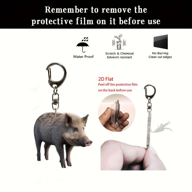1pc 2D Flat   Cute Wild Boar Acrylic Keychain Waterproof  Design Realistic Fur Texture