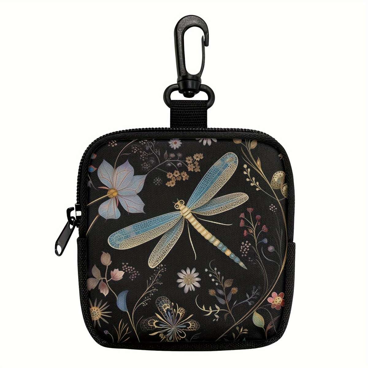 Multi-Pocket Zippered Wallet Coin Purse Chic Floral Dragonfly Print Hanging Purse With Key