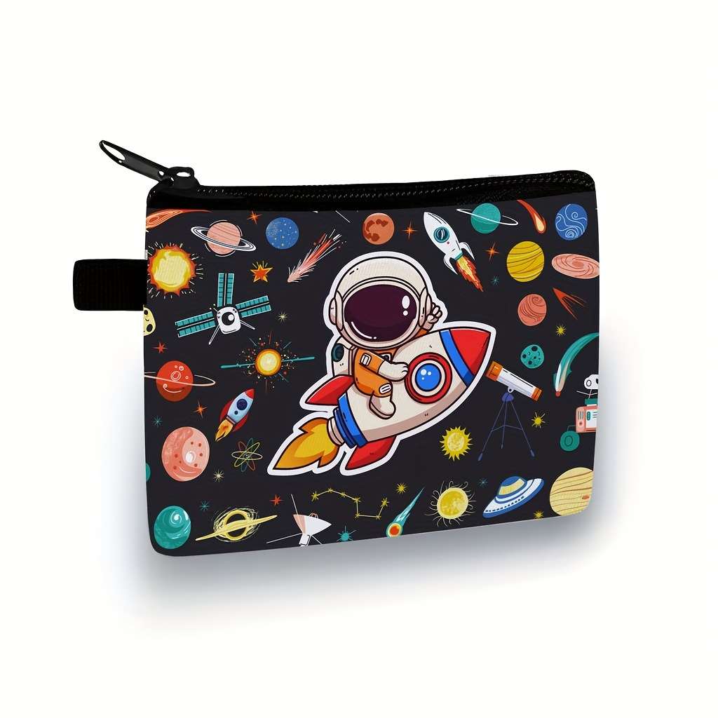Women'S Casual Astronaut Space-Themed Coin Purse Durable Polyester Machine-Washable Zipper