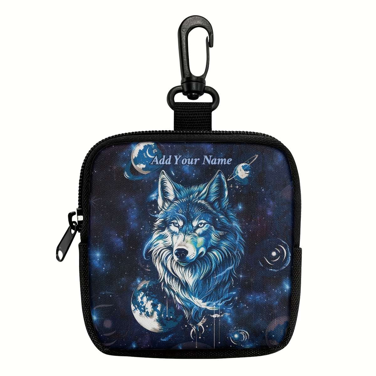 Starry Arctic Wolf Coin Purse Customizable Name Black Polyester Mini Wallet With Keychai