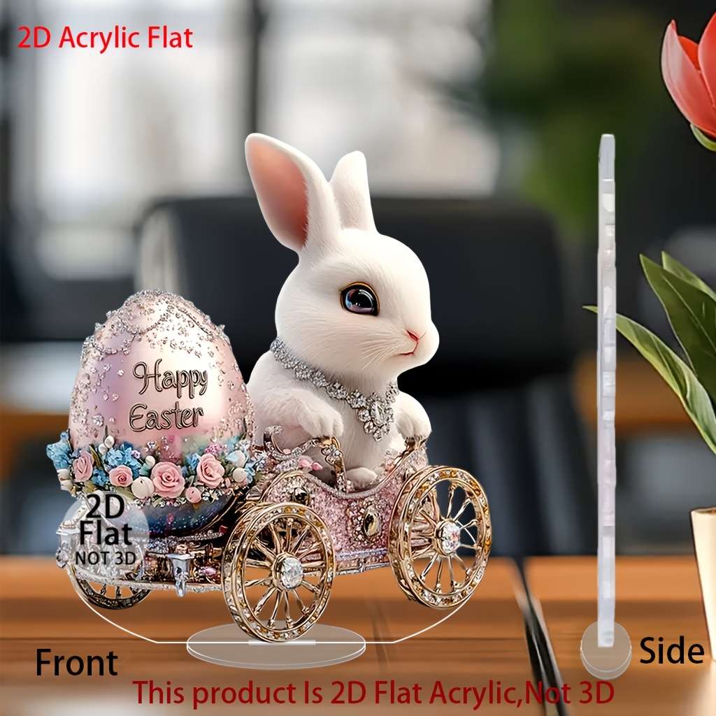1pc 2D Flat   Easter Bunny Acrylic Ornament  Rabbit Riding Decorative Egg with Floral D