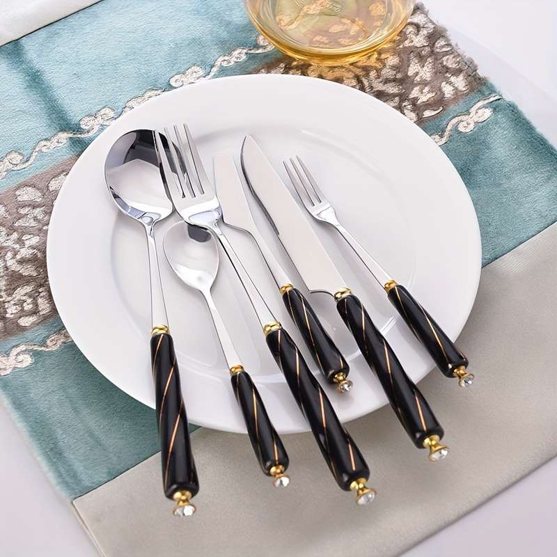 6pcs Western Knife Fork Spoon Stainless Steel Cutlery Set Black Threaded Ceramic Handle Stea