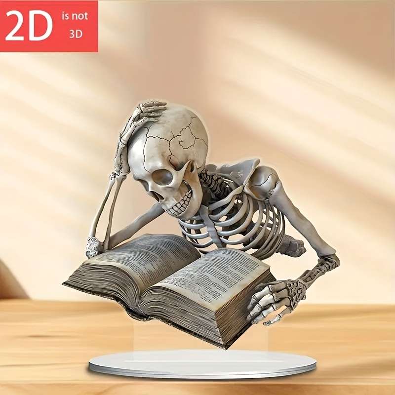 1pc 2D Flat   Acrylic Skeleton Desktop Decoration Classic Style Thoughtful Reading Pose Creat