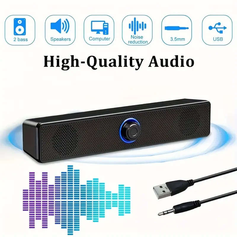 1pc Stereo Soundbar USB-Powered Desktop Speaker with Volume Control Dual Speakers Bass Boost Button