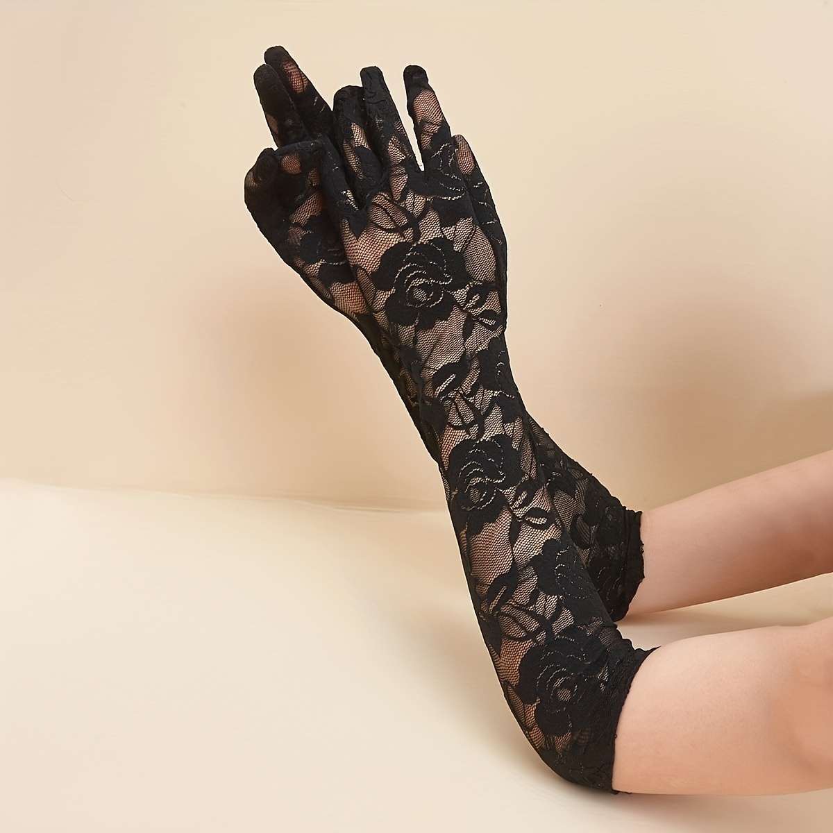 1 Pair Black Lace Flower Dark Style Long Gloves