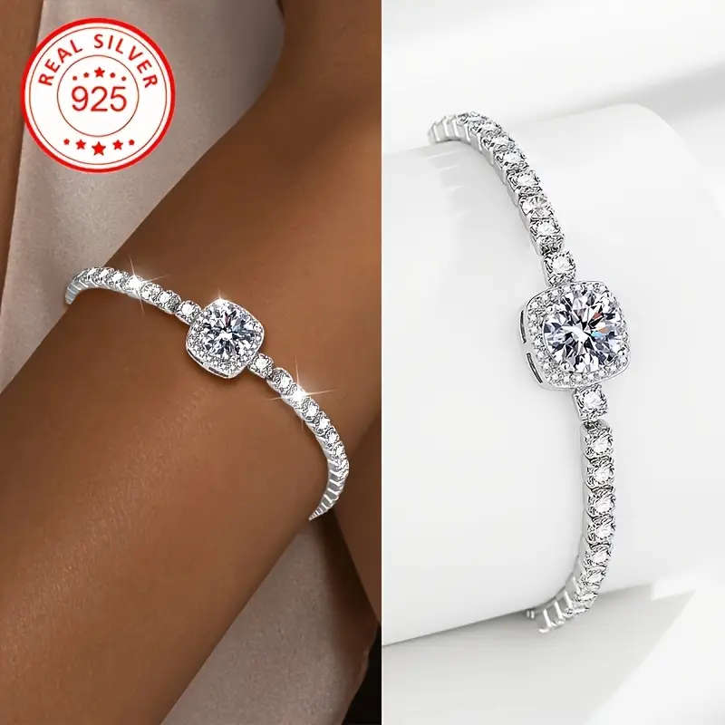 Boho Style 925 Womens Tennis Bracelet with Cubic Zirconia - Sparkling, Adjustable