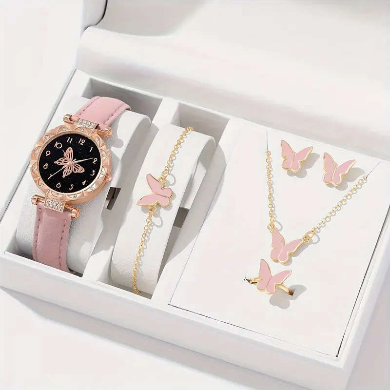 6pc Pink Butterfly Elements Quartz Wrist Watch