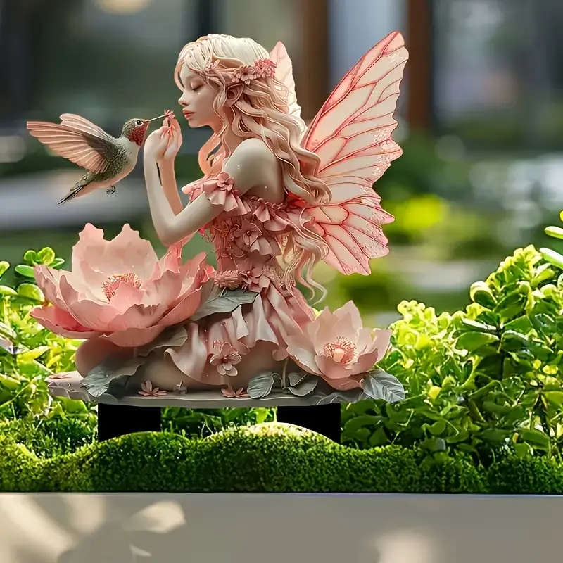 2D Flat Acrylic Fairy And Bird Garden Stake