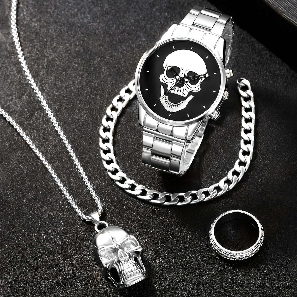 4pcs set Men'S Watch Trendypersonality Skull Circular Disc Quartz Watch And Pendant Necklace Ring Br