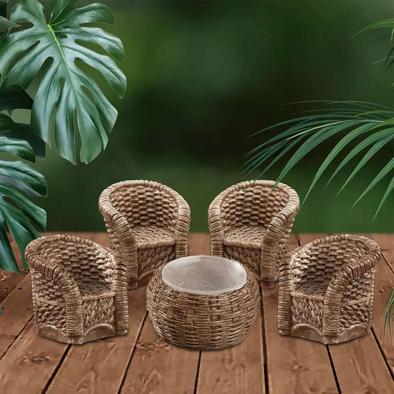5pcs Miniature Bamboo Woven Furniture Set with Resin Crafted Figurines Ideal for Indoor Outdoor Deco