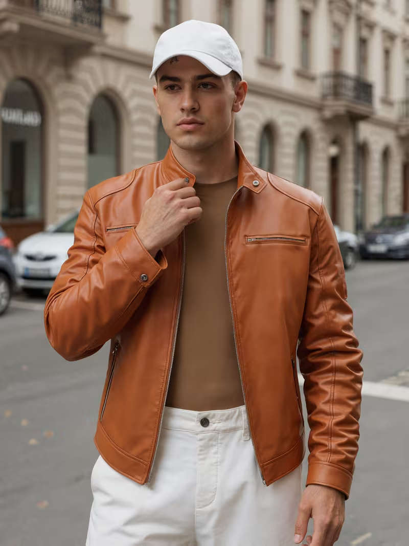 Khaki PU Leather Jacket - XXL