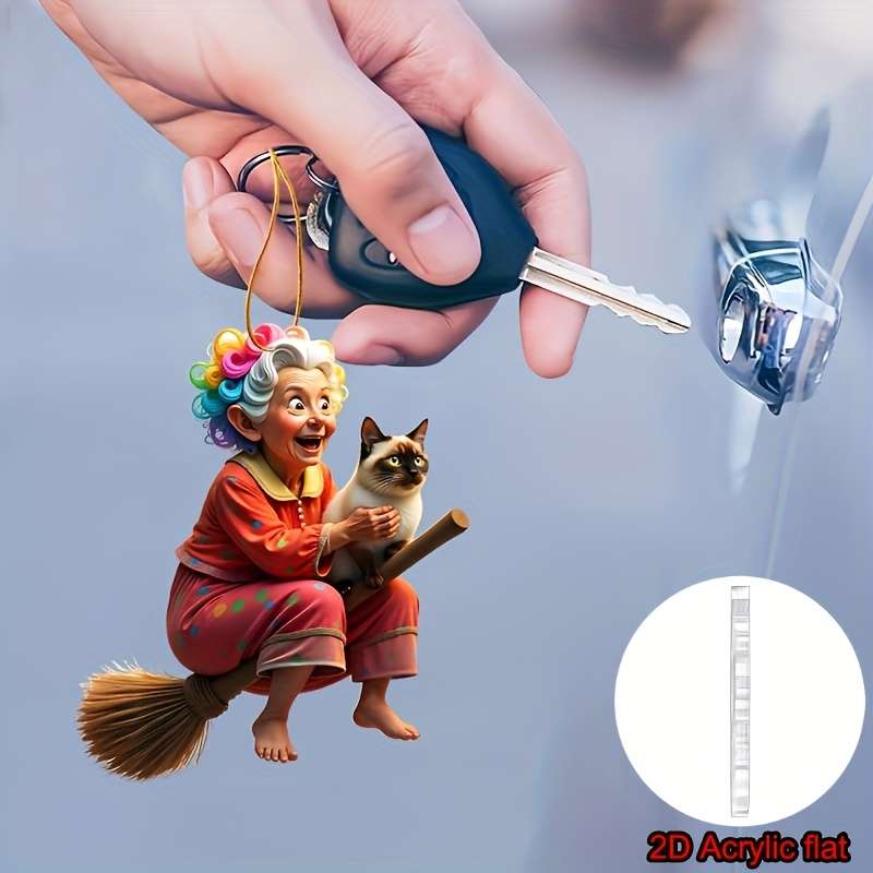 1pc 2D Flat    Whimsical Acrylic Ornament- Grandma on a Broom with a Cat  Perfect for car