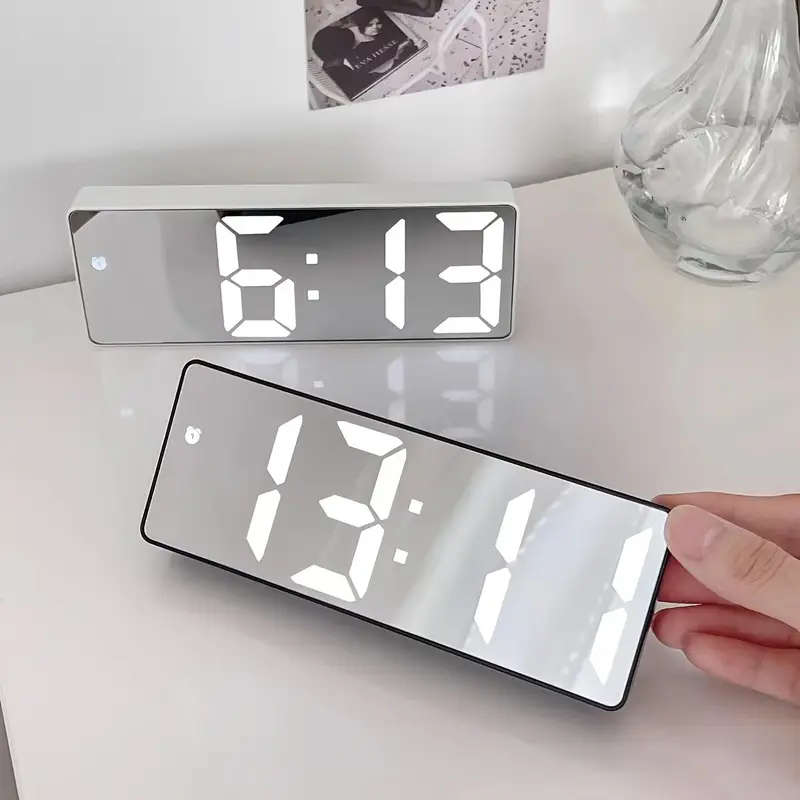 1pc Modern LED Mirror Table Alarm Clock Digital Display with Snooze Function USB Powered Rectangle D
