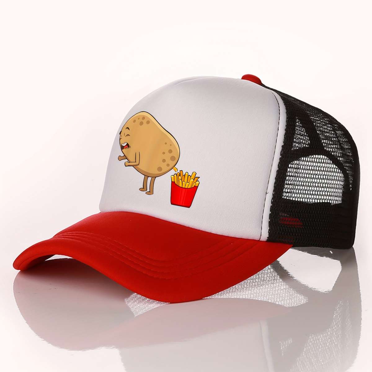 1pc Funky French Fries Cartoon Print Snapback Hat Breathable Polyester Mesh Trucker Cap with Colo