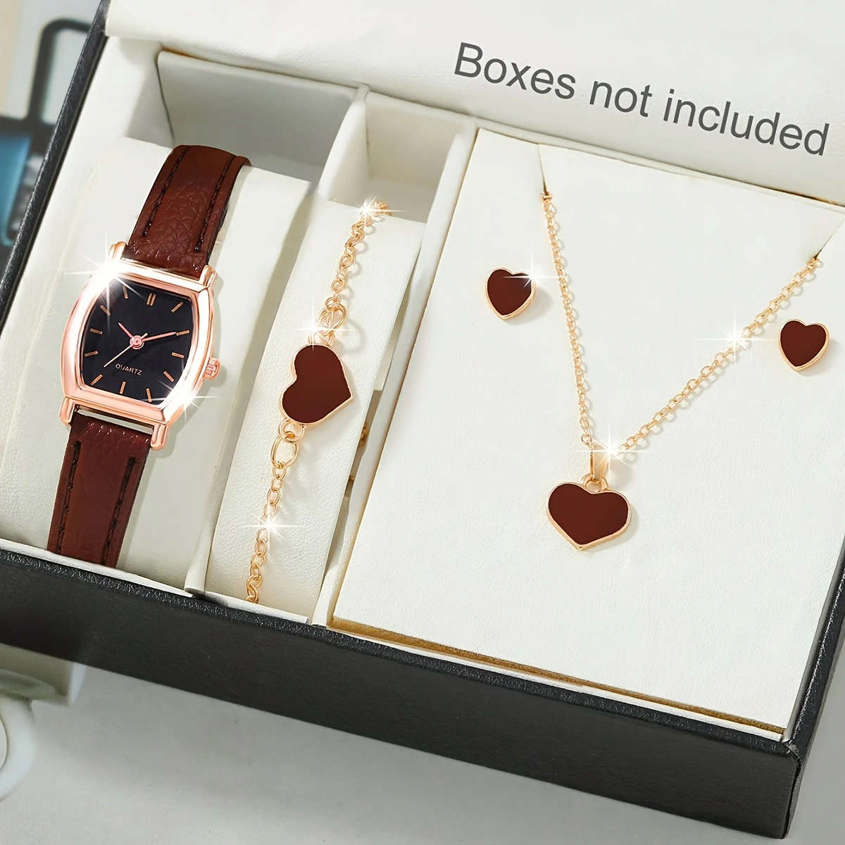 4pcs Set Ladies Watch Women Brown PU Strap Casual Quartz Watch And Heart Necklace Earings Bracelet J