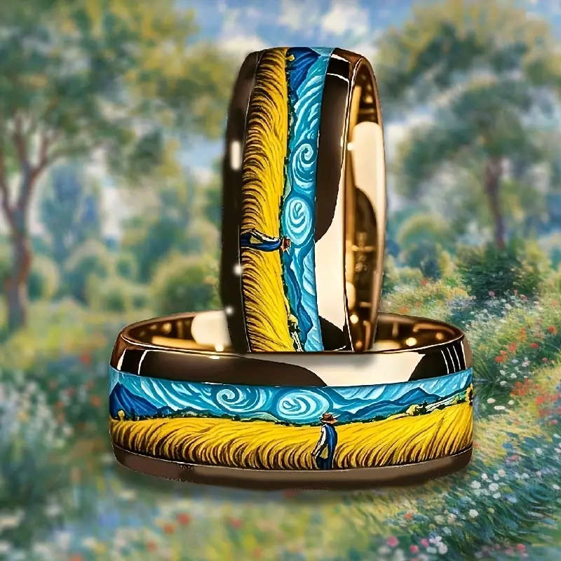 8mm Titanium Van Gogh Abstract Art Ring