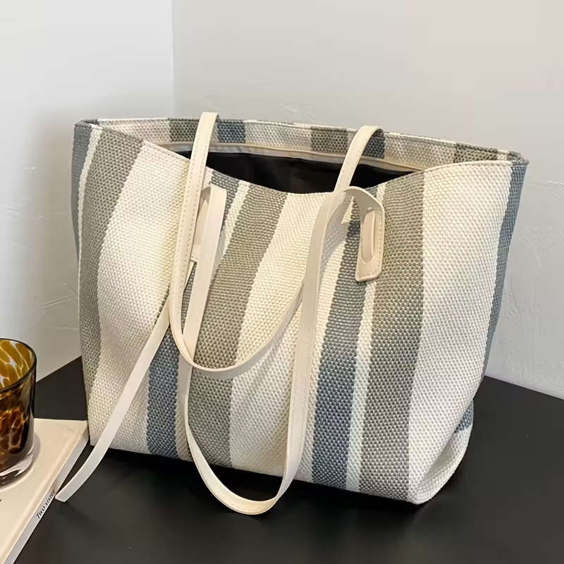 Simple Vertical Stripes Large-Capacity Handbag Brown