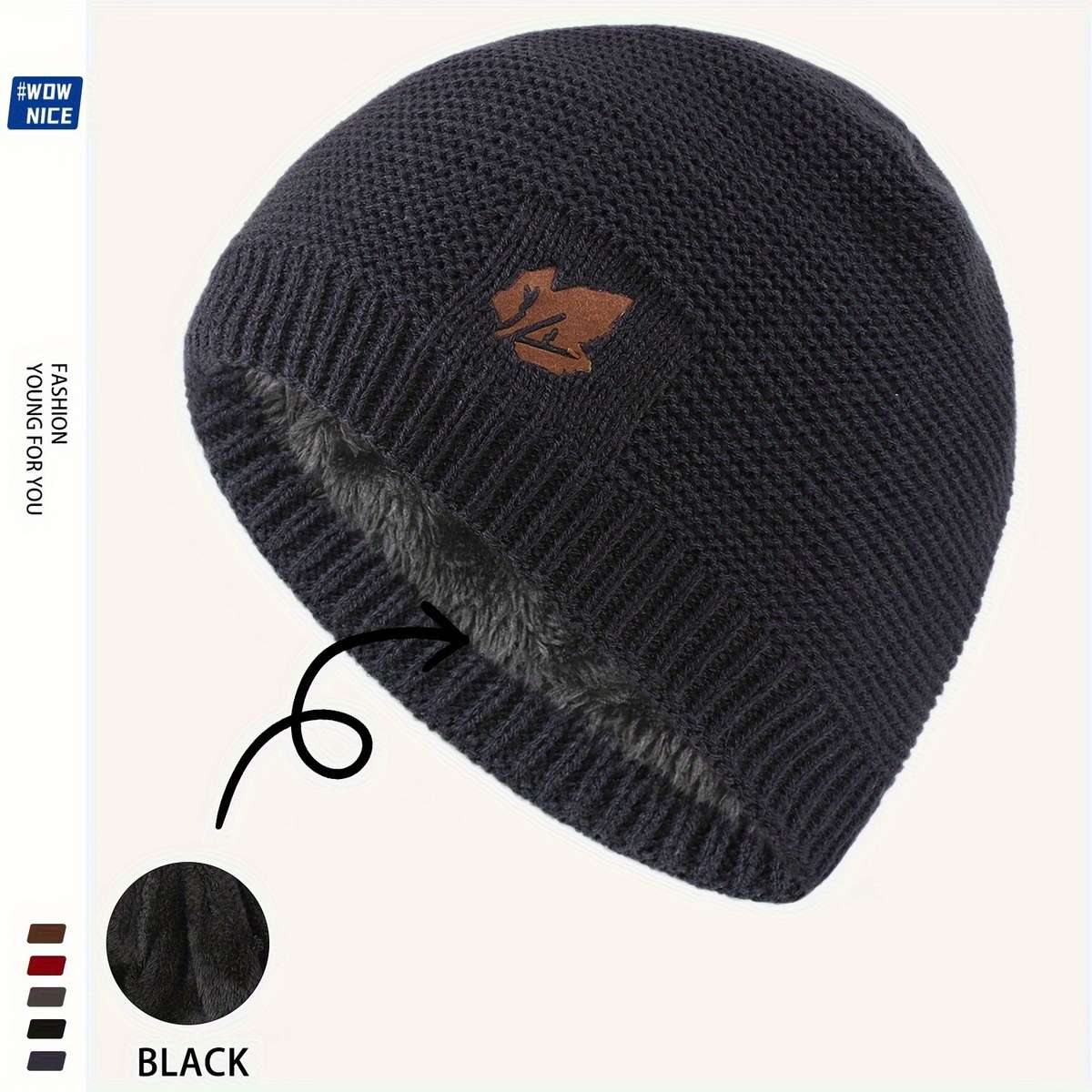 Knit Beanie with Fleece Lining Warm Windproof Acrylic Skull Cap