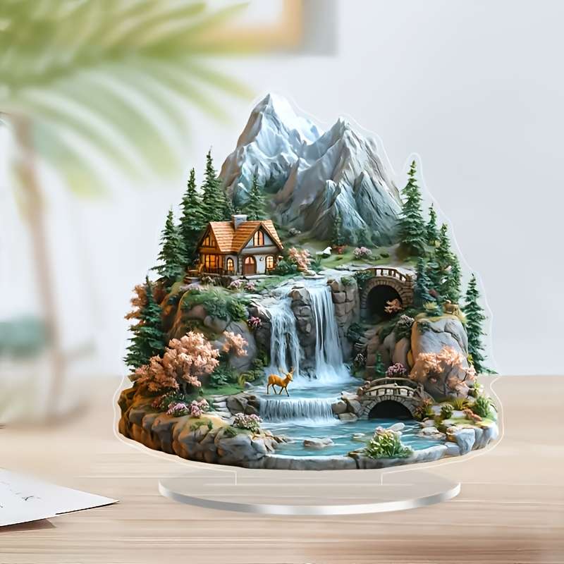 1pc 2D Flat  Decoration Charming Acrylic Mountain House Decoration with Waterfall and Forest La