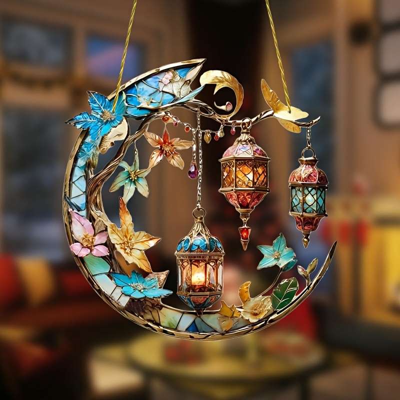 2D Flat Art Deco Acrylic Whimsical Moon Sun Catcher Hanging Decoration Vibrant Floral