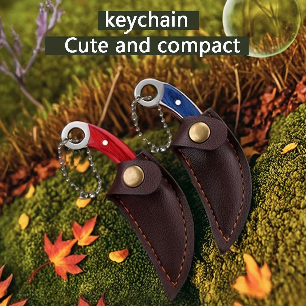 Compact Stainless Steel Keychain Knife With Red Handle Faux Leather Sheath