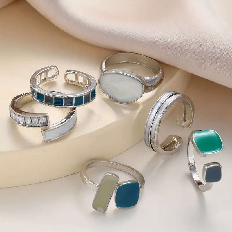 6-Piece Vintage Style Faux Emerald & Enamel Open Ring Set