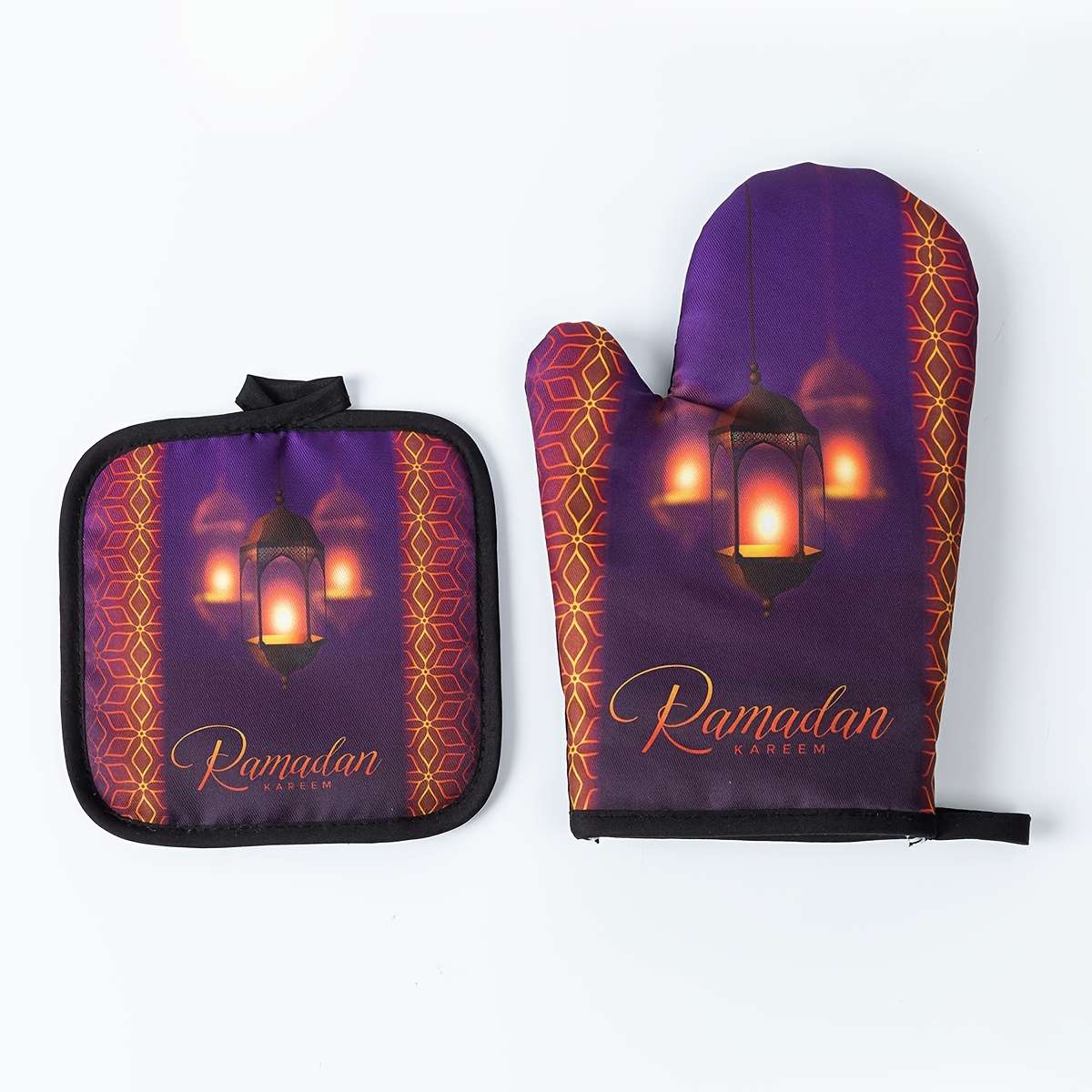 2pcs Ramadan Themed Oven Mitts Set Polyester 100% Heat Resistant Kitchen Baking Gloves and Pot