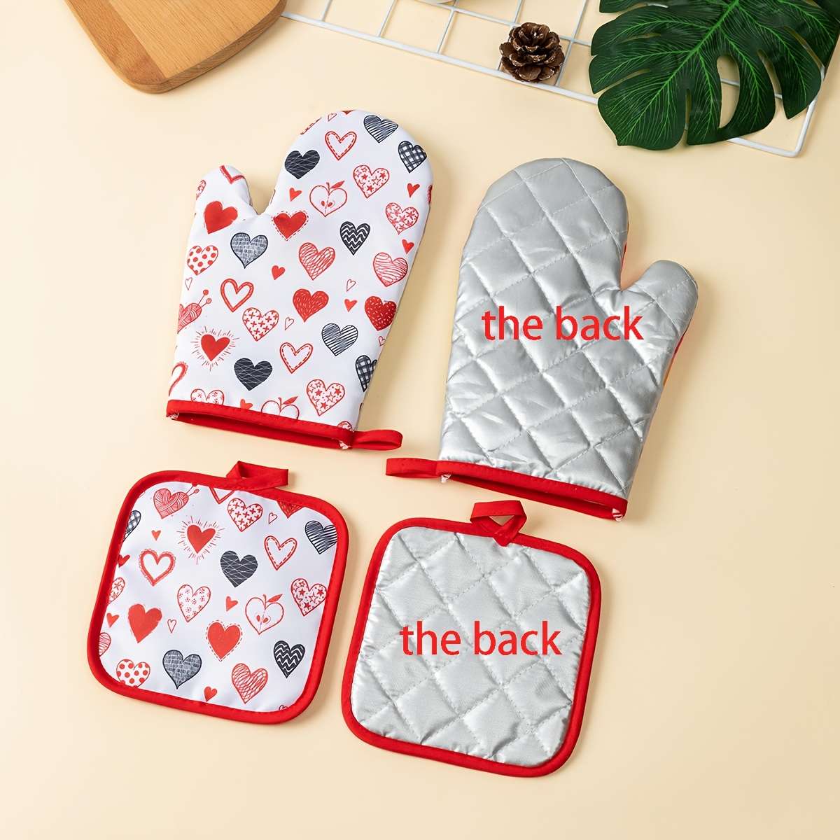 2pcs Valentine'S Day Kitchen Oven Gloves Set Polyester 100% Heat Resistant Baking Mitts Digit
