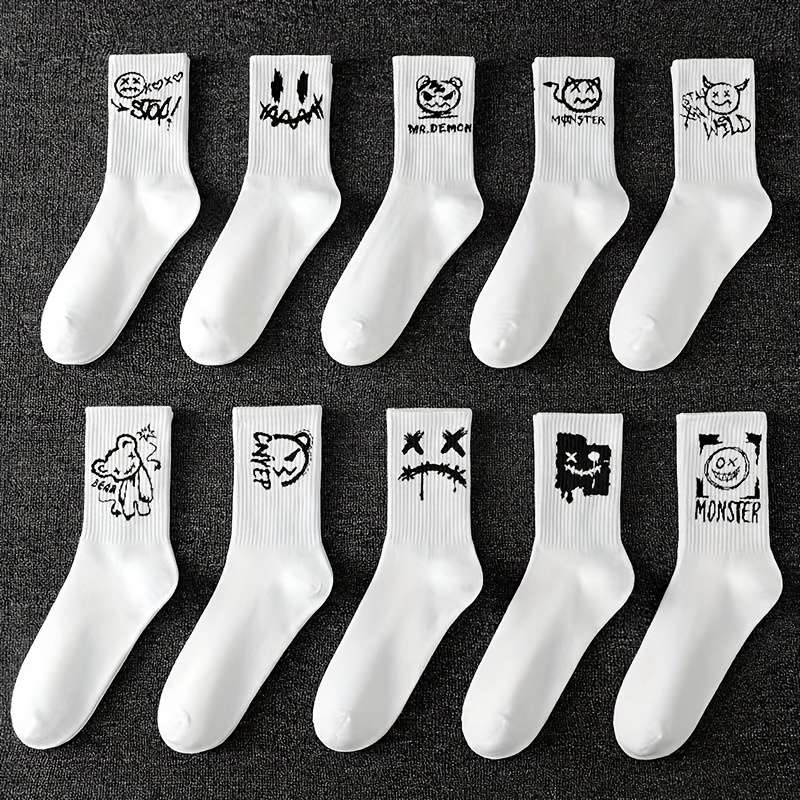 5 Pairs Random Black And White One Size High Elastic Socks