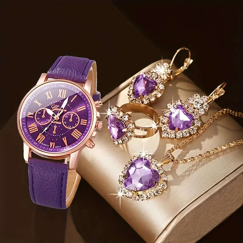 4pcs Set Elegant Women'S Fashion Round Dial Quartz Watch and Jewelry Set Shock-Resistant Analog Disp