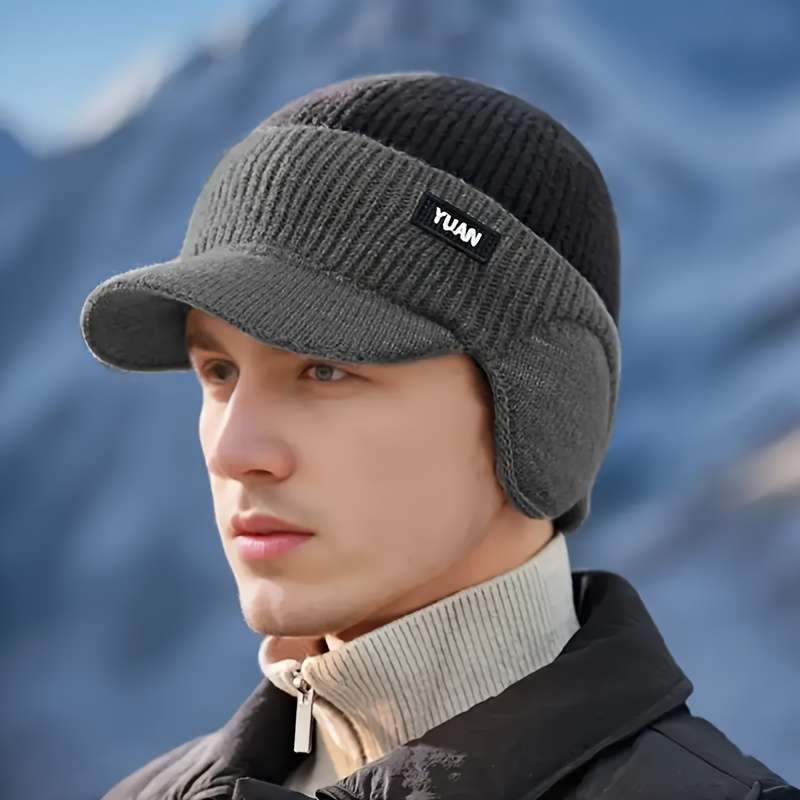1pc Men'S Winter Ear-Protecting Knitted Cap with Fleece Warm Duckbill Hat for Outdoor Youth Cyclin