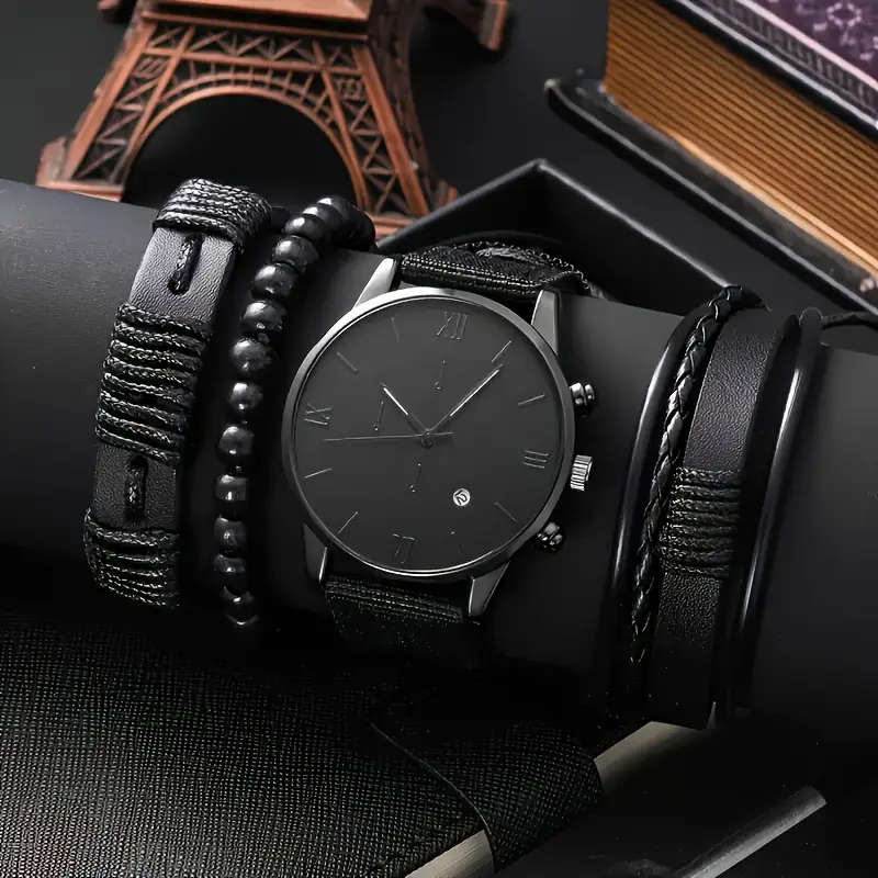 Men's Casual Simple Calendar Watch & Bracelet Set - 4pcs