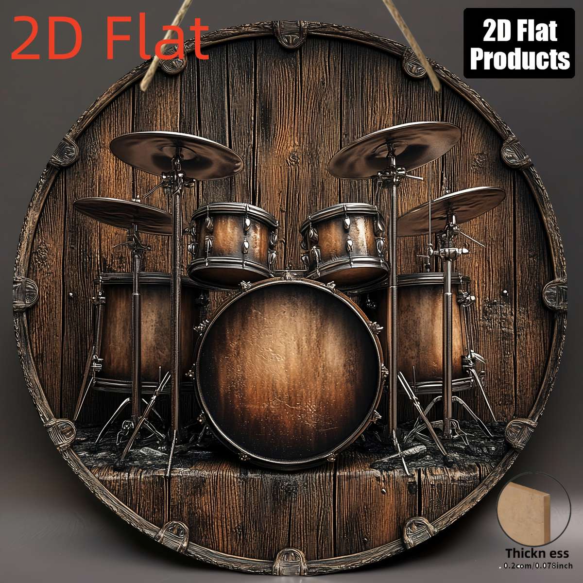 2D Flat 20.32x20.32 cm Drum-Themed Round Wooden Wall Art Frameless Rustic Metallic Finish I